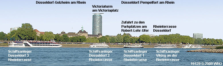 Schiffe bei Dsseldorf-Golzheim und Dsseldorf-Pempelfort am Rhein mit Victoriaturm am Victoriaplatz und Rheinterrasse Dsseldorf. Zufahrt zu den Parkpltzen am Robert-Lehr-Ufer mit den Schiffsanlegestellen.