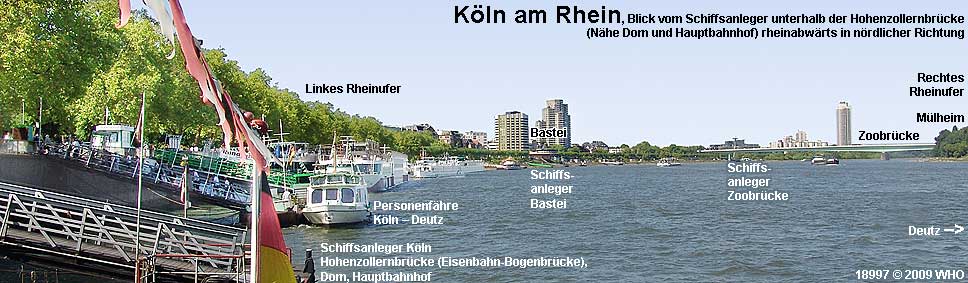 Kln am Rhein, Blick vom Schiffsanleger unterhalb der Hohenzollernbrcke (Nhe Dom, Hauptbahnhof) rheinwrts in nrdlicher Richtung