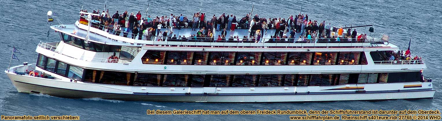 Rheinschifffahrt mit dem Galerieschiff auf dem Niederrhein zwischen Emmerich, Wesel, Duisburg, Dsseldorf, Leverkusen und Kln am Rhein.