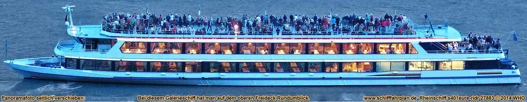 Rheinschifffahrt mit dem Galerieschiff auf dem Niederrhein zwischen Emmerich, Wesel, Duisburg, Dsseldorf, Leverkusen und Kln am Rhein.